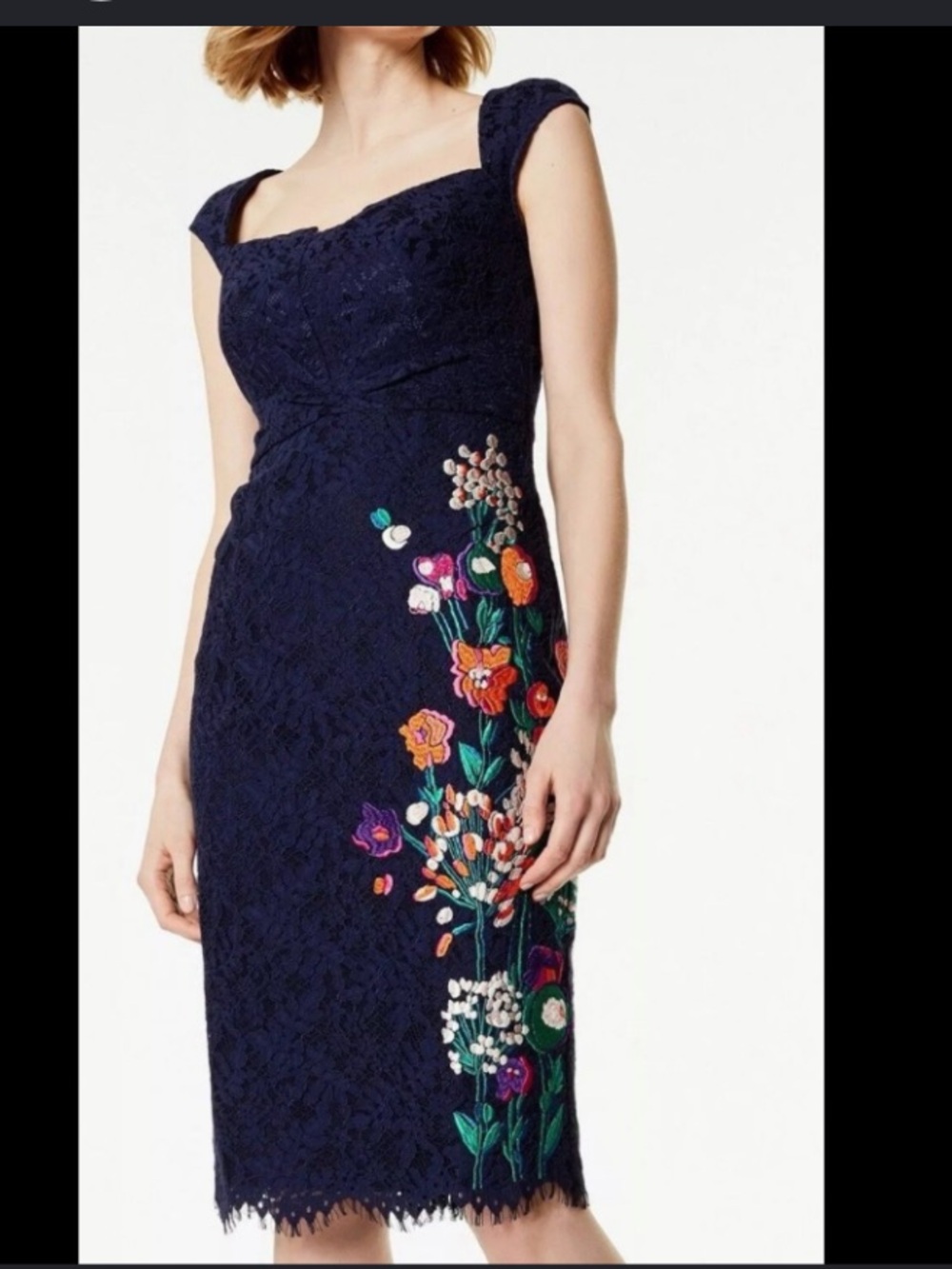 Karen Millen Navy Lace Midi Dress with Multicolor Floral Embroidery